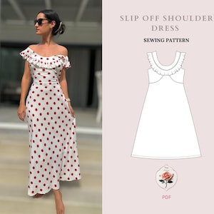 Peut inclure: Patron de couture pour une robe à épaules dénudées. Le patron est présenté sur un fond blanc avec un graphique de rose rose et le mot "PDF".