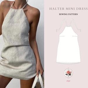 Padrão de mini vestido halter de linho | Padrão de vestido sem costas | Vestido com gola amarrada | PDF de costura fácil | Tutorial de vestido de verão | DOWNLOAD INSTANTÂNEO