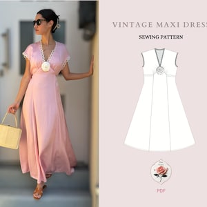 May include: A sewing pattern for a vintage maxi dress with a V-neckline and a large flower embellishment. The pattern is available as a PDF download.