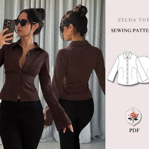 Könnte beinhalten: Ein braunes, langärmeliges Hemd mit Knopfleiste, gerippter Textur, Kragen und taillierter Passform. Das Bild enthält eine technische Strichzeichnung des Hemdes mit der Aufschrift Zelda Top Sewing Pattern und ein PDF-Symbol mit einer Rose.