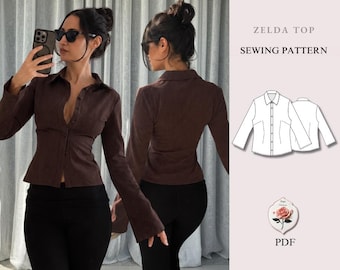 Zelda Top | Getailleerd overhemd met knoopsluiting | Aansluitende blouse met kraag en lange mouwen | Patroon voor beginners | Maten XXS–2XL | Direct te downloaden als PDF