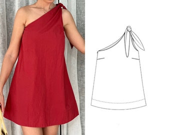 PDF + video-tutorial Naaipatroon A-lijn mini-jurk met strikband | Asymmetrische halslijn | Maten XXS - XXL