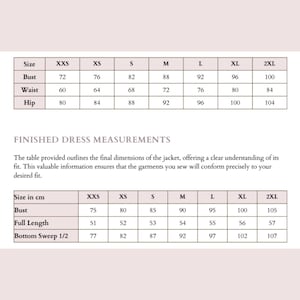 May include: A detailed size chart for a garment, with measurements in centimeters and inches. The chart includes bust, waist, and hip measurements, as well as full length and bottom sweep dimensions, for sizes XXS to 2XL.