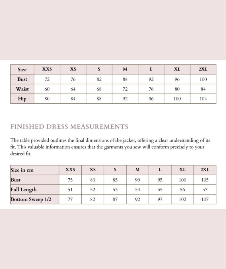 May include: A detailed size chart for a garment, with measurements in centimeters and inches. The chart includes bust, waist, and hip measurements, as well as full length and bottom sweep dimensions, for sizes XXS to 2XL.