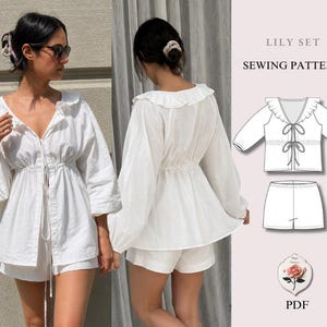 May include: A white two-piece set consisting of a long-sleeved top with a ruffled collar and front ties, and matching shorts. The image includes a technical line drawing labeled LILY SET SEWING PATTERN and a small rose graphic with PDF text.