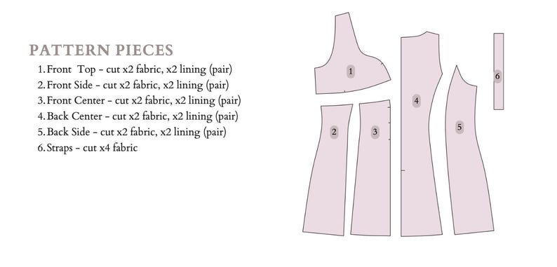 May include: Diagram showing six pattern pieces for a dress. The pieces are labeled 1 through 6. The pattern pieces are for the front top, front side, front center, back center, back side, and straps.