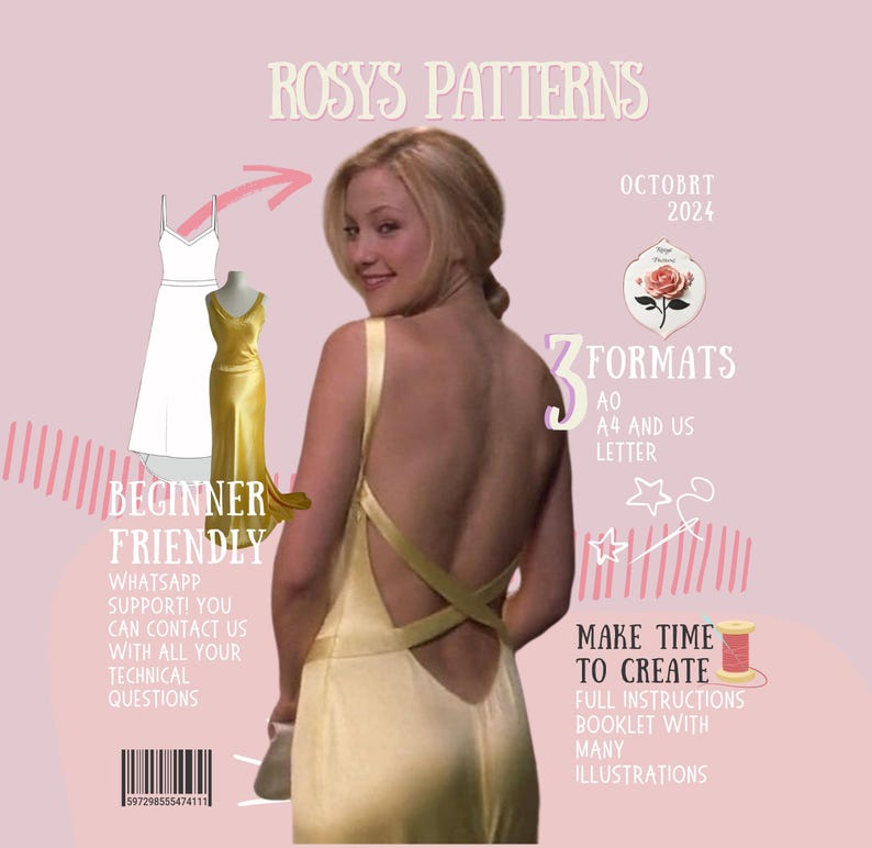 Puede incluir: Una ilustraci&oacute;n digital de una mujer con un vestido amarillo con un dise&ntilde;o de espalda cruzada. La imagen incluye texto que dice "Rosys Patterns", "Beginner Friendly", "3 Formats", "Make Time To Create" y "Octubre 2024".