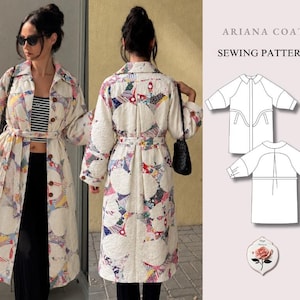 May include: A long coat sewing pattern titled ARIANA COAT featuring a quilted fabric with a white background and colorful circular patchwork designs. The coat has a collar, long sleeves, a button-front closure, and a matching tie belt at the waist.