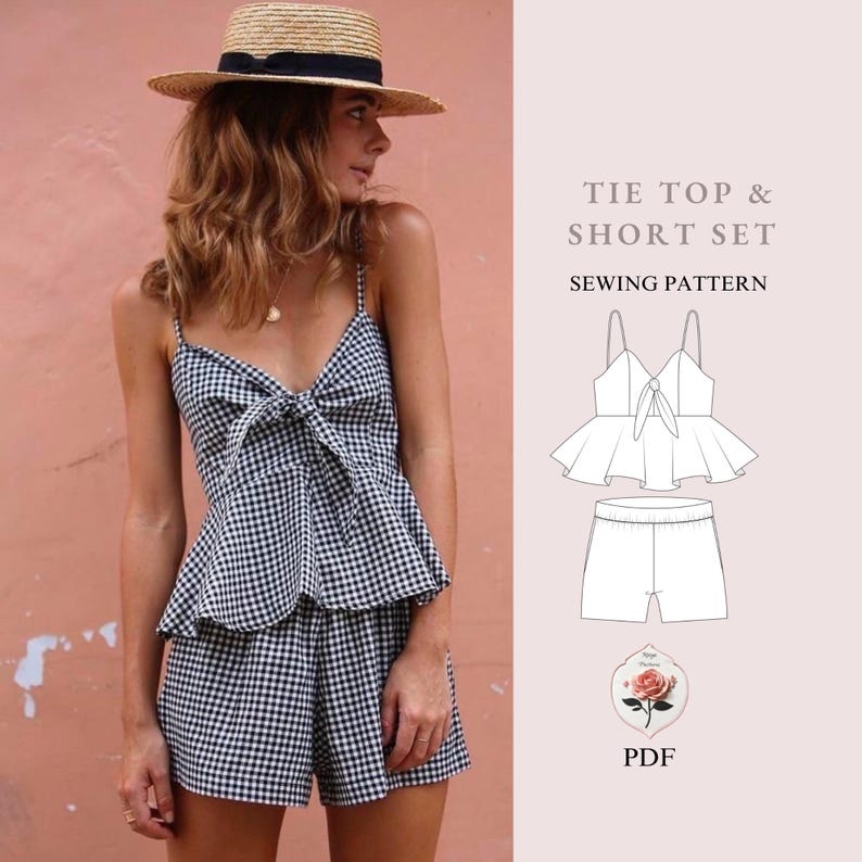 May include: A sewing pattern for a tie top and short set. The pattern includes a black and white gingham print top with a bow tie detail and matching shorts. The pattern is available as a PDF download.