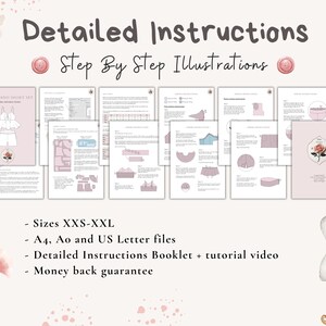May include: A digital illustration of a tie-top and short set sewing pattern. The image shows a pink and white tie-top and shorts with a rose detail. The text "The Top and Short Set" is visible in the image. The text "Detailed Instructions" is visible at the top of the image. The text "Step By Step Illustrations" is visible below the text "Detailed Instructions". The text "Sizes XXS-XXL" is visible below the image. The text "A4, Ao and US Letter files" is visible below the text "Sizes XXS-XXL". The text "Detailed Instructions Booklet + tutorial video" is visible below the text "A4, Ao and US Letter files". The text "Money back guarantee" is visible below the text "Detailed Instructions Booklet + tutorial video".