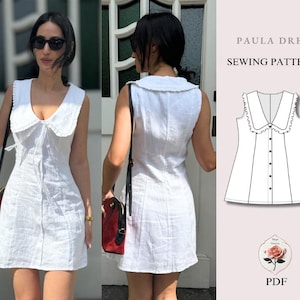 May include: A white sleeveless dress with a large ruffled collar and a front button closure. The image includes a technical line drawing of the Paula Dress sewing pattern, showing the front view with buttons and a collar, labeled as a PDF pattern.