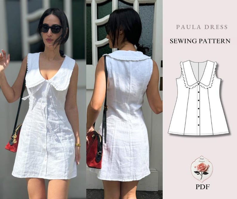 May include: A white sleeveless dress with a large ruffled collar and a front button closure. The image includes a technical line drawing of the Paula Dress sewing pattern, showing the front view with buttons and a collar, labeled as a PDF pattern.