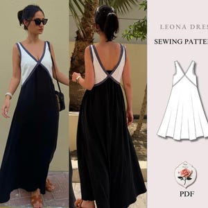 May include: The Leona Dress sewing pattern is a PDF featuring a floor-length, sleeveless dress with a V-neckline. The design includes a white bodice section that contrasts with a solid black skirt, connected by a V-shaped seam at the waist.