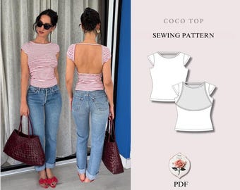 Coco top | Patroon voor een T-shirt met open rug | Aansluitend T-shirt met boothals | Geschikt voor beginners | Maten XXS–2XL | Direct te downloaden als PDF