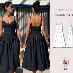 May include: A dark blue denim midi dress with a fitted bodice, thin shoulder straps, and a full gathered skirt. The back features a visible metal zipper closure. The image includes a technical line drawing labeled Verona Dress Sewing Pattern.