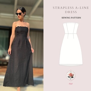 Puede incluir: Un patrón de costura para un vestido sin tirantes de línea A. El patrón se muestra sobre un fondo blanco con una ilustración de rosa y la palabra "PDF".