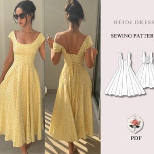 May include: A yellow midi dress with a small floral pattern, featuring a scoop neckline, cap sleeves, and a lace-up back closure. The image includes a technical line drawing of the Heidi Dress sewing pattern with front and back views.