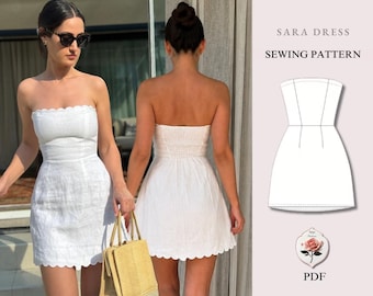 Sara Dress | Strapless Dress Pattern | Scalloped Dress | A Line Dress Capsule Wardrobe Pattern | Coquette Mini Dress | Easy INSTANT DOWNLOAD