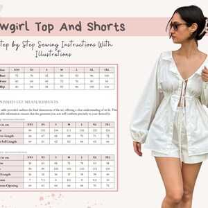 May include: A digital PDF sewing pattern for a cowgirl top and shorts set. The image displays a white long-sleeved top with a ruffled neckline and tie-front closure, paired with matching shorts. A detailed size chart provides measurements in cm.