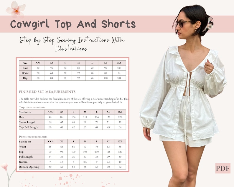 May include: A digital PDF sewing pattern for a cowgirl top and shorts set. The image displays a white long-sleeved top with a ruffled neckline and tie-front closure, paired with matching shorts. A detailed size chart provides measurements in cm.