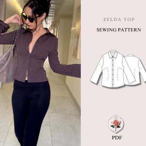 May include: A woman in a brown, striped, button-down shirt and black trousers. The image includes a sewing pattern for a shirt, labelled "Zelda Top", with the words "Sewing Pattern" displayed.
