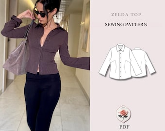 Zelda Top | Tailored button-up shirt | Fitted Blouse with Collar & Long Sleeves | Beginner Pattern | Sizes XXS–2XL | Instant PDF Download