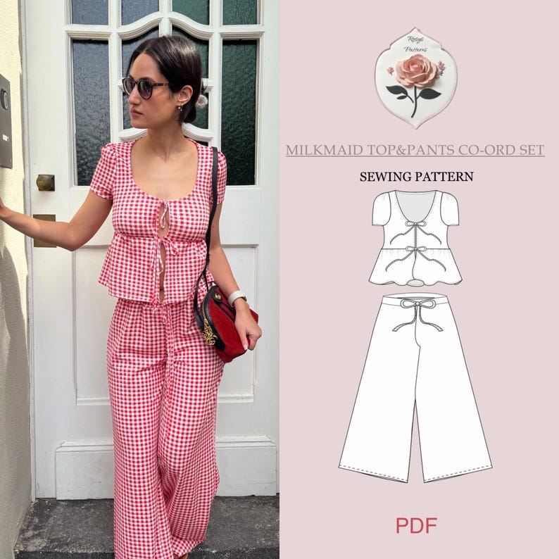 May include: A red and white gingham milkmaid top and pants co-ord set sewing pattern. The image displays a technical line drawing of a short-sleeved top with front ties and wide-leg pants, alongside a photo of the finished garment in PDF format.