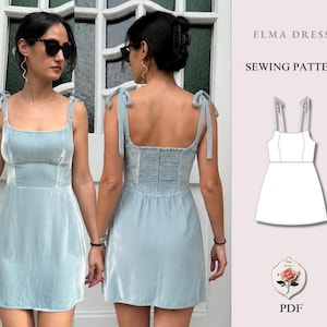 May include: A light blue velvet mini dress with tie-shoulder straps, a square neckline, and a smocked back panel. The image includes a technical line drawing of the Elma Dress sewing pattern and the text ELMA DRESS SEWING PATTERN PDF.