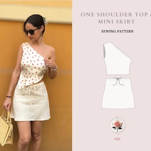 Op de afbeelding: Een naaipatroon voor een top met één schouder en een minirok. Het patroon bevat een lijntekening van het kledingstuk en de tekst "ONE SHOULDER TOP & MINI SKIRT SEWING PATTERN PDF".
