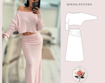 Lydia Set | Knit Oversize Long Sleeve Crop Top & Ruched Maxi Skirt Sewing Pattern | Sizes XXS–2XL | Beginner Friendly | PDF pattern download