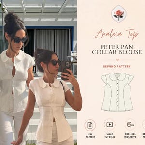 Analeia Top | Peter Pan Collar Blouse Pattern | Button Front Princess Seam Top | Beginner Friendly | Sizes XXS–2XL | Instant PDF Download