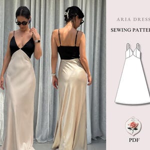 Könnte beinhalten: Ein zweifarbiges bodenlanges Kleid mit schwarzem Oberteil und champagnerfarbenem Rock, ausgestattet mit dünnen Spaghettiträgern und V-Ausschnitt. Das Bild enthält eine technische Strichzeichnung des Aria Dress Schnittmusters und den Text PDF.