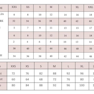 May include: Size chart for clothing with measurements in inches for bust, waist, and hip. The chart also includes size conversions for Australia, Denmark, Japan, UK, USA, Italy, and France.
