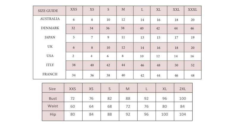 May include: Size chart for clothing with measurements in inches for bust, waist, and hip. The chart also includes size conversions for Australia, Denmark, Japan, UK, USA, Italy, and France.