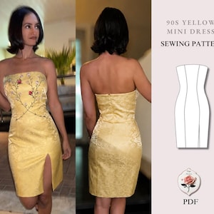 Könnte beinhalten: Ein gelbes, trägerloses Minikleid mit einem dezenten, tonalen Damastmuster und Blumenstickerei am Oberteil. Das Kleid hat einen Seitenschlitz und wird als 90er-Jahre-Minikleid-Schnittmuster im PDF-Format mit technischer Strichzeichnung präsentiert.