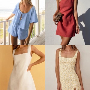 May include: Four different summer dresses in a collage. The first dress is a blue and white gingham print with a tie at the waist. The second dress is a solid red one-shoulder dress. The third dress is a white linen dress with a square neckline. The fourth dress is a white floral print dress with a side slit.