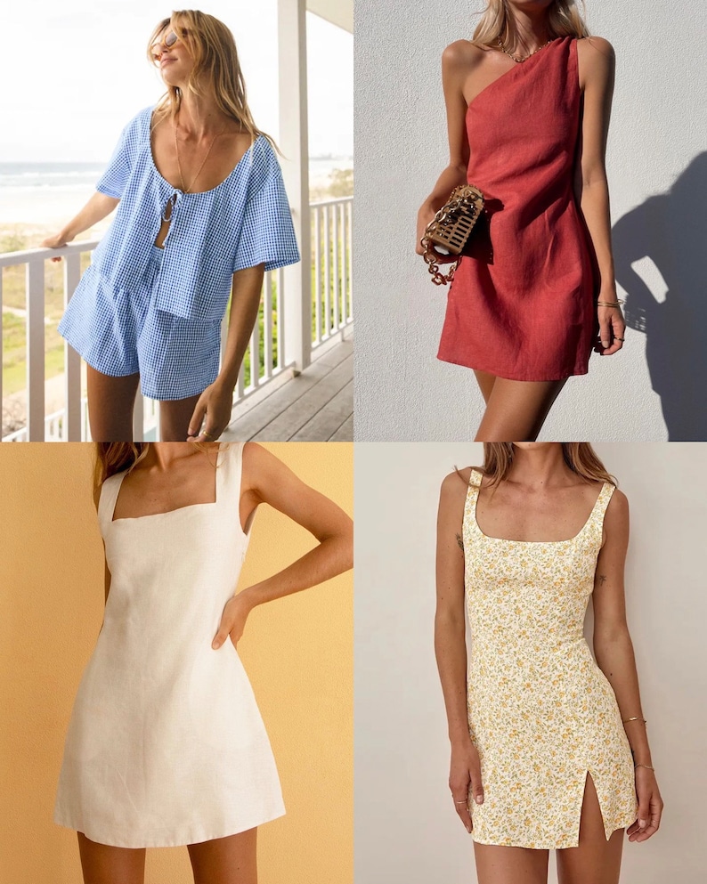 May include: Four different summer dresses in a collage. The first dress is a blue and white gingham print with a tie at the waist. The second dress is a solid red one-shoulder dress. The third dress is a white linen dress with a square neckline. The fourth dress is a white floral print dress with a side slit.