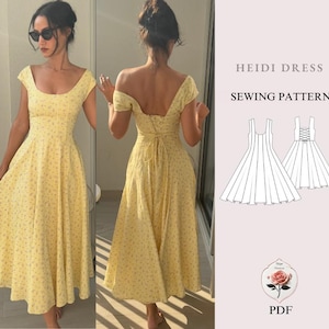 Könnte beinhalten: Ein gelbes Kleid mit floralem Muster, U-Ausschnitt und kurzen Ärmeln. Das Kleid hat ein figurbetontes Oberteil und einen fließenden Rock. Der Rücken des Kleides hat ein Schnürdetail. Das Bild enthält auch ein Schnittmuster für das "Heidi Dress".