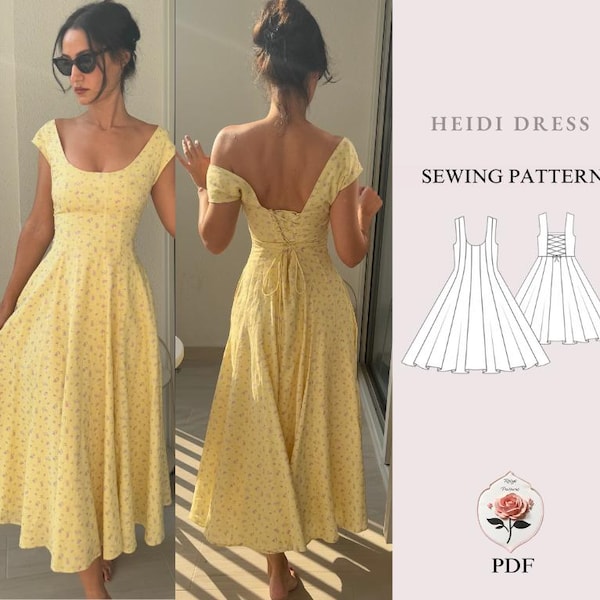 Heidi Dress | Lace-Up Back Cottagecore Dress Sewing Pattern | Paneled Bodice A-Line Skirt | Sizes XXS-2XL | Instant PDF Download