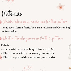 May include: Informational graphic titled Materials listing fabric recommendations including 100% cotton, linen, cotton poplin, or seersucker. Requirements include 150cm by 210cm fabric for size M, 1cm wide elastic for wrists, and 2.5cm wide elastic for waist.