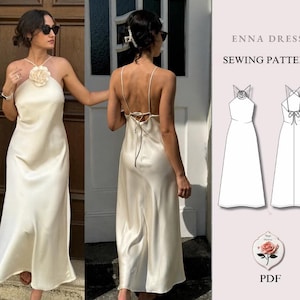 Peut inclure: Une robe longue couleur crème avec une encolure dos nu ornée d'une grande fleur en tissu, de fines bretelles et un laçage au dos. L'image présente un dessin technique intitulé ENNA DRESS SEWING PATTERN PDF avec une icône de rose.