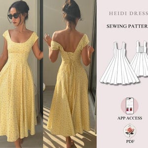 Könnte beinhalten: Ein gelbes Midikleid mit kleinem Blumenmuster, Rundhalsausschnitt, kurzen Ärmeln und Schnürung am Rücken. Das Bild enthält eine technische Skizze des Kleides mit der Aufschrift Heidi Dress Sewing Pattern, App Access und PDF.
