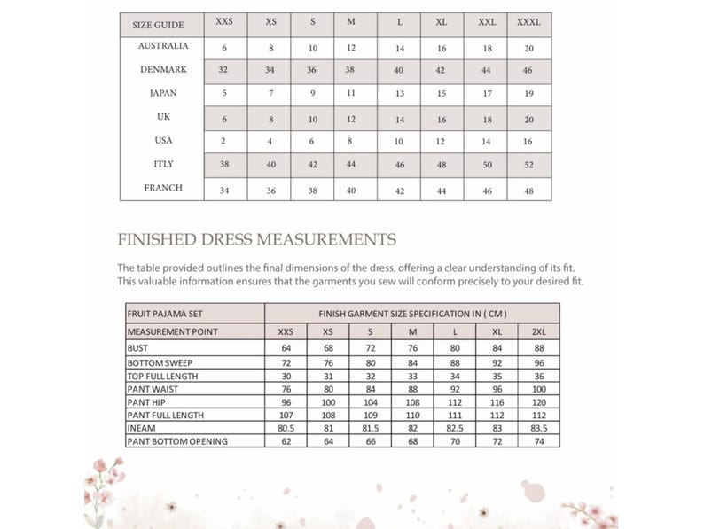 May include: A size chart for a fruit pajama set with measurements in inches and centimeters. The chart includes bust, bottom sweep, top full length, pant waist, pant hip, pant full length, inseam, and pant bottom opening.