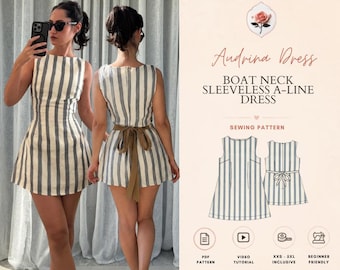 Audrina Dress | Boat Neck Sleeveless A-Line Dress | Sizes XXS–2XL | Beginner Friendly Invisible Zipper Pattern | INSTANT DOWNLOAD