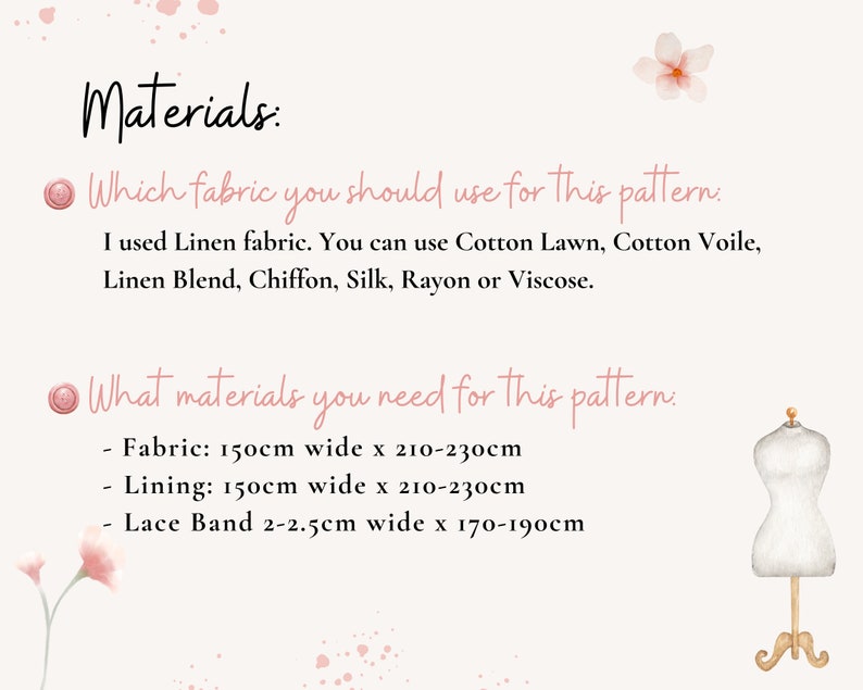 Op de afbeelding: Materialen die nodig zijn voor een naaiproject. De tekst somt linnen, katoenen lawn, katoenen voile, linnenmix, chiffon, zijde, rayon of viscose op als stoffenopties. De tekst geeft ook de afmetingen voor stof, voering en kantband in centimeters.