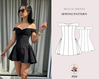 Off-Shoulder Mini Dress Sewing Pattern | Sizes XXS–2XL | Sweetheart Neckline Fit & Flare Dress | Instant PDF Download