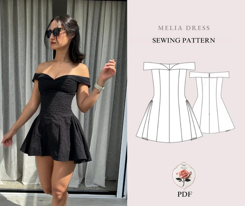 May include: A woman wearing a black off-the-shoulder dress with a fitted bodice and flared skirt. The dress is paired with sunglasses and a watch. The image also includes a sewing pattern for the "Melia Dress" in PDF format.