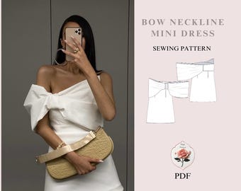 Off Shoulder Bow Dress | A Line Mini Bow Dress | PDF Sewing Pattern | Engagement Gown | Coquette Dress | Capsule Wardrobe | INSTANT DOWNLOAD