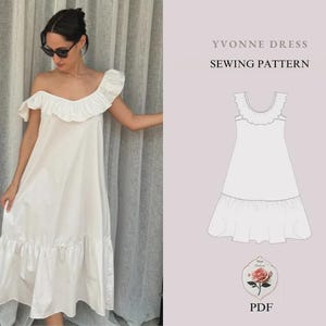 Könnte beinhalten: Ein weißes schulterfreies Kleid mit Rüschen am Ausschnitt und am Saum. Das Kleid wird an einer Person und auch als Schnittmuster gezeigt. Der Text "YVONNE DRESS SEWING PATTERN" wird über der Schnittmusterillustration angezeigt.