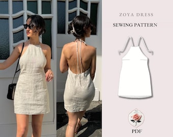 Zoya Dress | Linen Halter Mini Dress Pattern | Backless Dress Pattern | Tie Neck Dress Sewing | Summer Dress Tutorial | PDF INSTANT DOWNLOAD